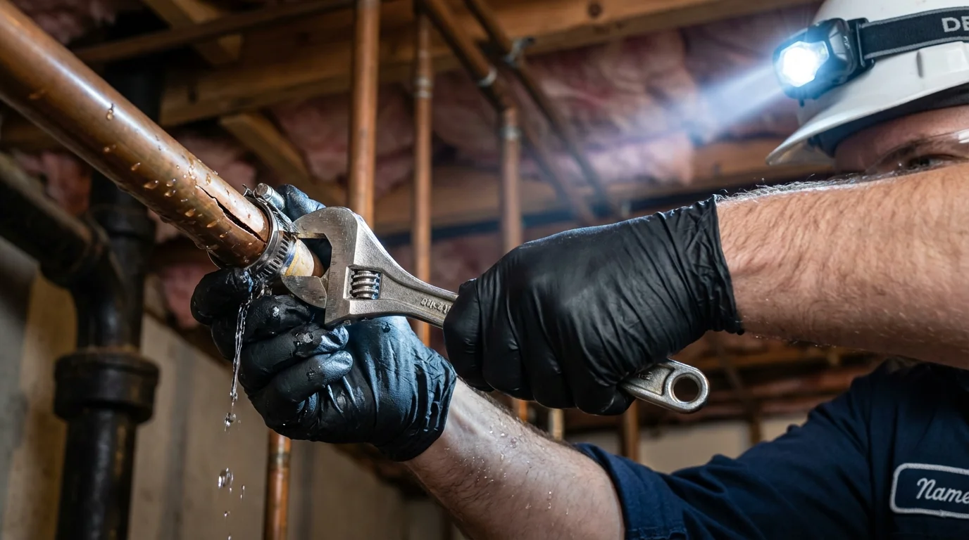 Emergency pipe clamp repair being performed by a Johns Plumbing LLC plumber in Westcliffe