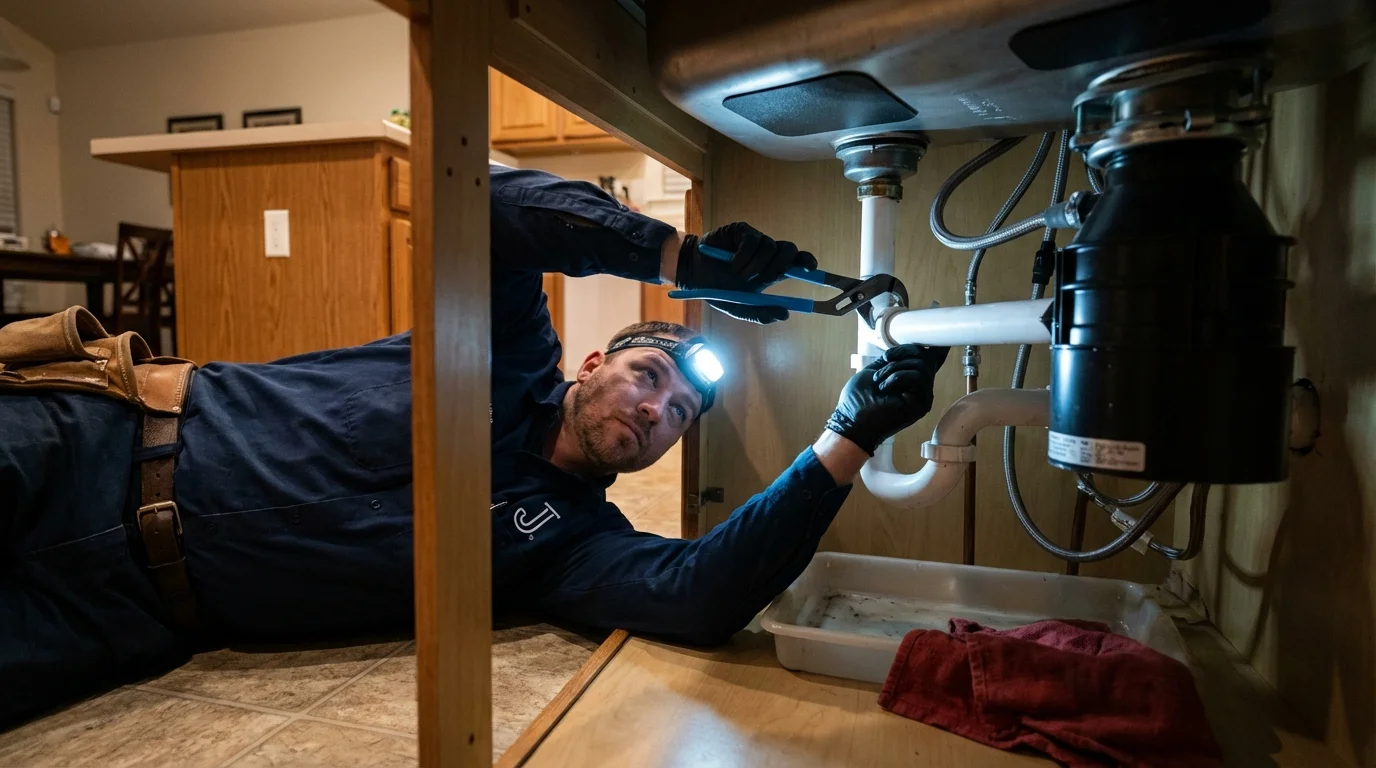 P-trap and supply line connections under a kitchen sink showing a common leak point in Westcliffe, CO